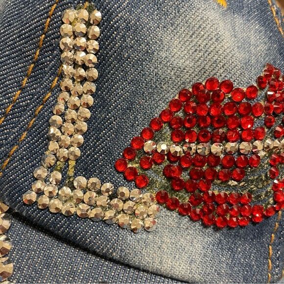 Magid Rhinestone Distressed Denim Love Ball Cap Hat Red and Silver Rhinestones - Picture 9 of 10